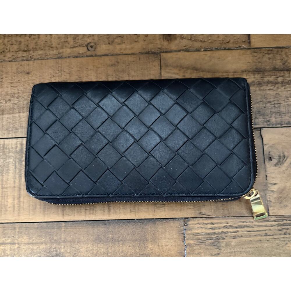 Bottega Veneta Wallet Womens Black Intrecciato Leather Zip Around Italy